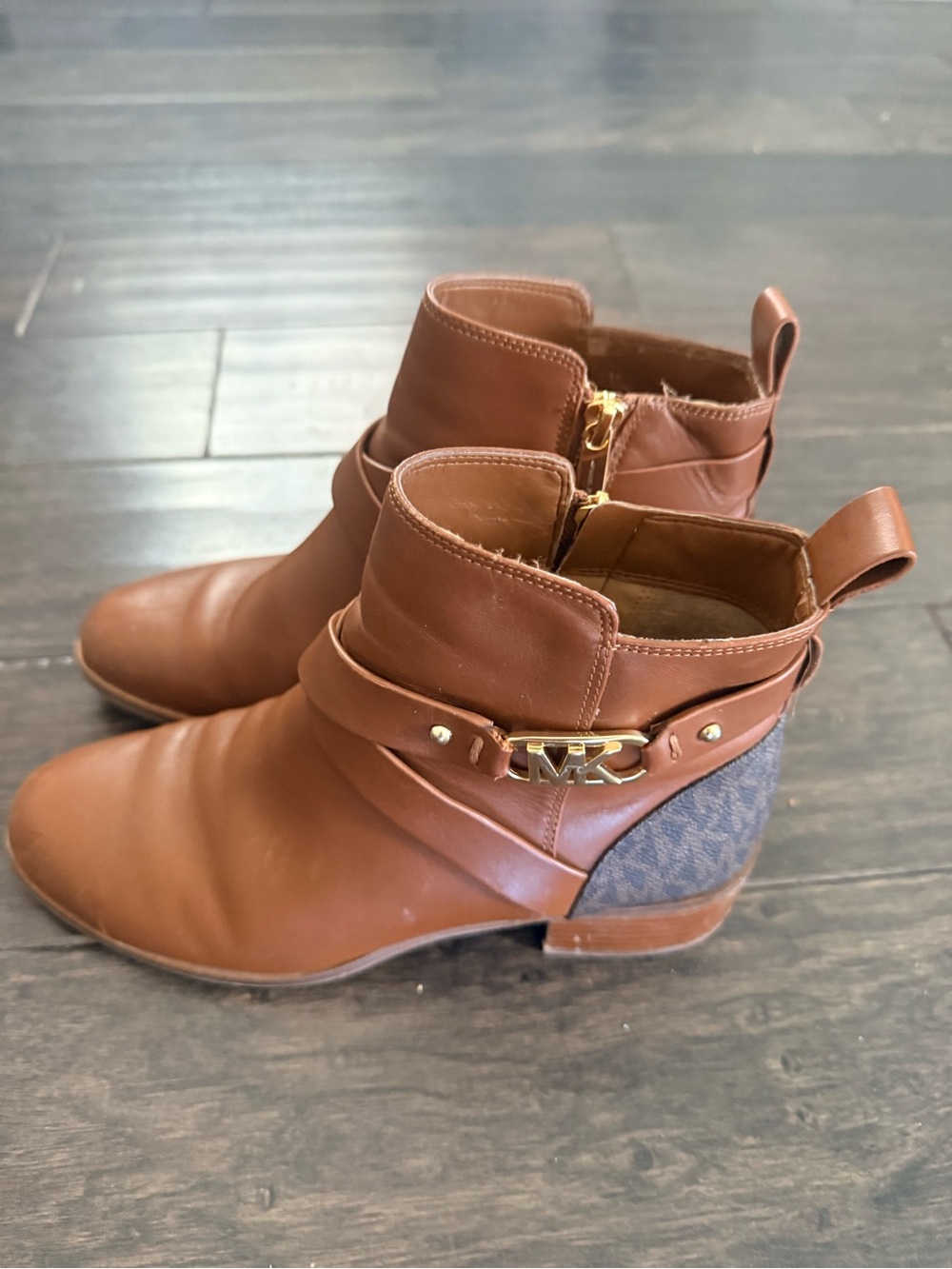 Michael Kors Brown Leather Ankle Booties with MK Logo Accent